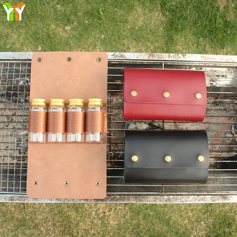 Portable Camping Seasoning Spices Bottle Tableware Leather Storage Bag with 4 Cans Holder Portable Kit For BBQ Picnic Kitchen
