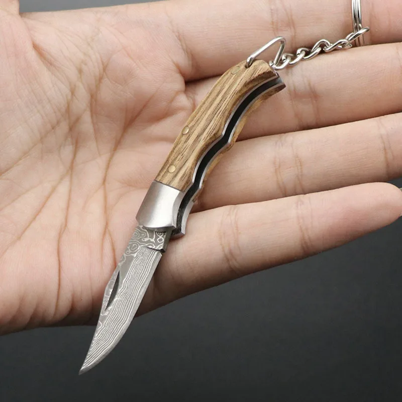 Damascus Knife Wooden Handle Folding Knife Outdoor Camping Portable Portable Mini Key Buckle Multi-functional Emergency Rescue