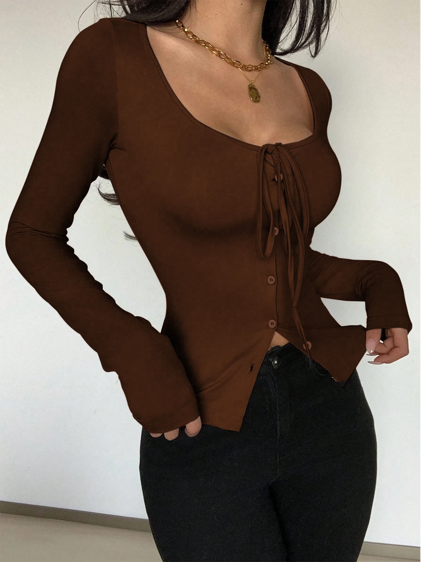 Fashionable all-season versatile women's clothing long-sleeved plain color button detail cardigan 1