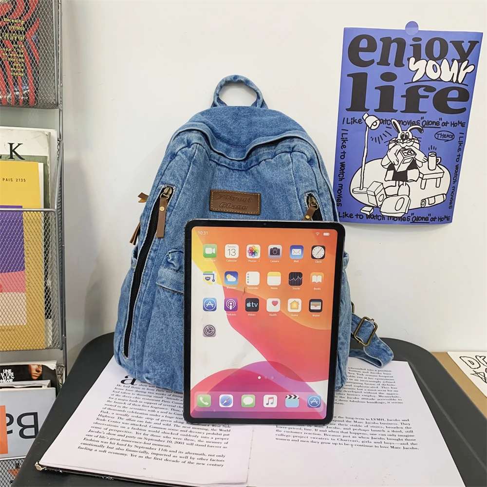 Denim school backpack view 4