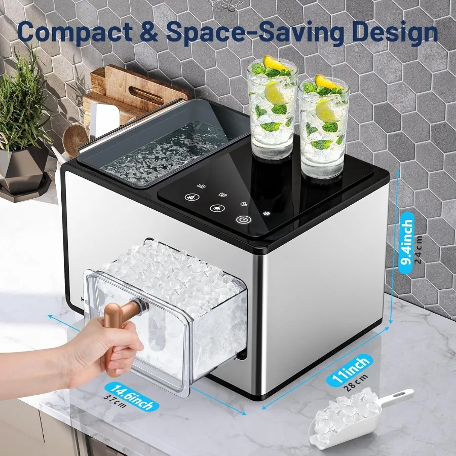 Nugget Ice Maker Countertop 40lbs/24H Pebble Ice Maker with Soft Chewable Self Cleaning Sonic Machine Stainless Steel w