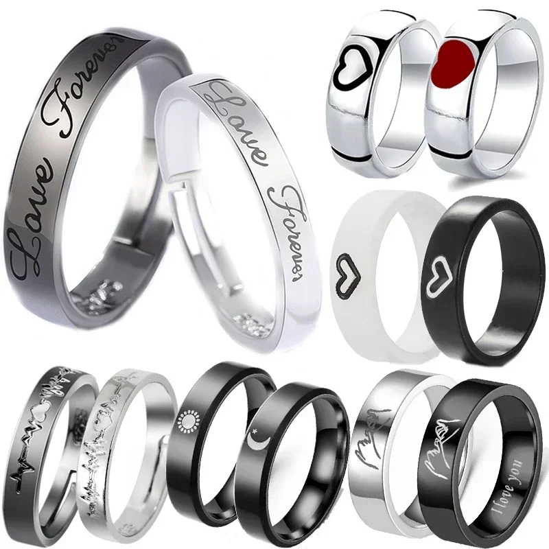2PCS Black White Lozenge Couple Rings Set Open Adjustable Ring Eachother Lovers Minimalist Ring Gift Wedding Rings Bride Jewlery 6