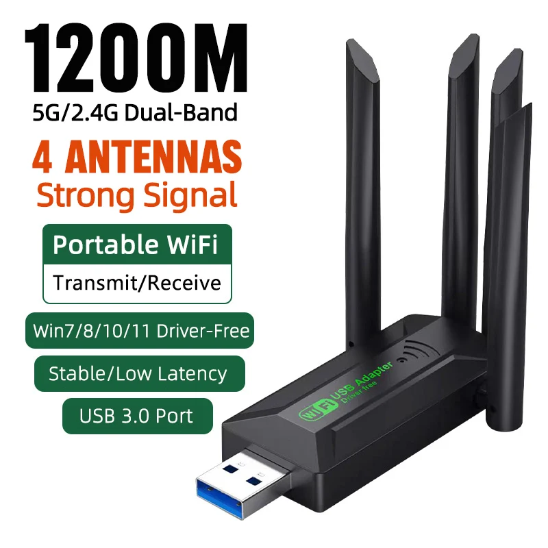 1200Mbps WiFi 어댑터 4 안테나 USB3.0 고속 무선 네트워크 카드 듀얼 밴드 2.4G/5Ghz Wi-Fi 동글 802.11AC For Win 10/11