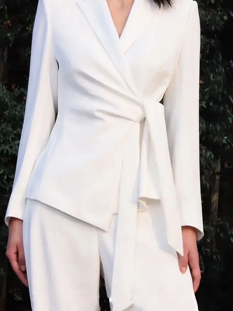 Tesco Elegant Women's Autumn Suit White Blazer Jacket+Wide Leg Trousers 2 Piece French Strappy Jacket Casual Chic Female Outfits