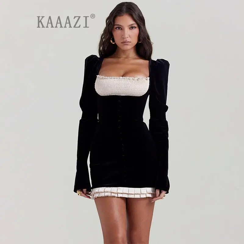 

KAAAZI Patchwork Folds Slim Women Mini Dress Square Collar Elegant Autumn Female New Long Sleeve Party Casual Short Dress