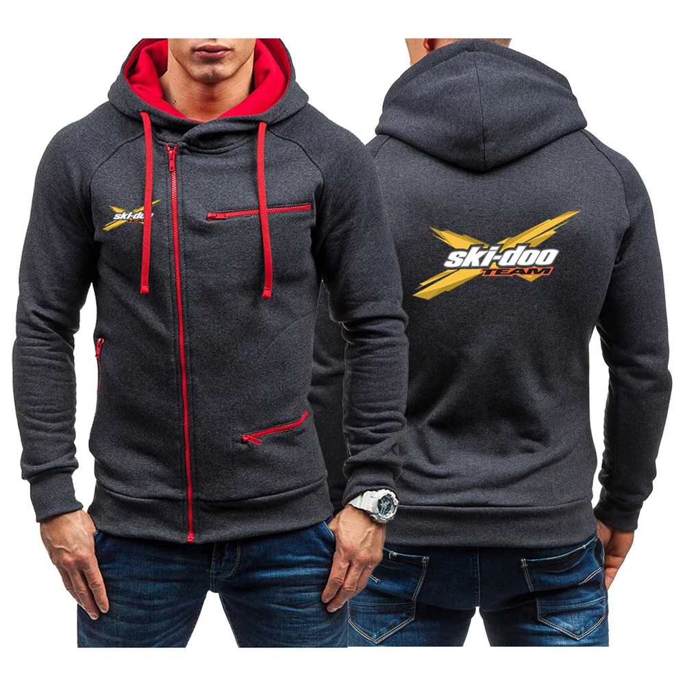 

2023 New Spring Autumn Ski Doo Can-am Logo Print Casual Hooded Sweatshirts Men's Solid Color Oblique Zipper Comfortable Hoodies