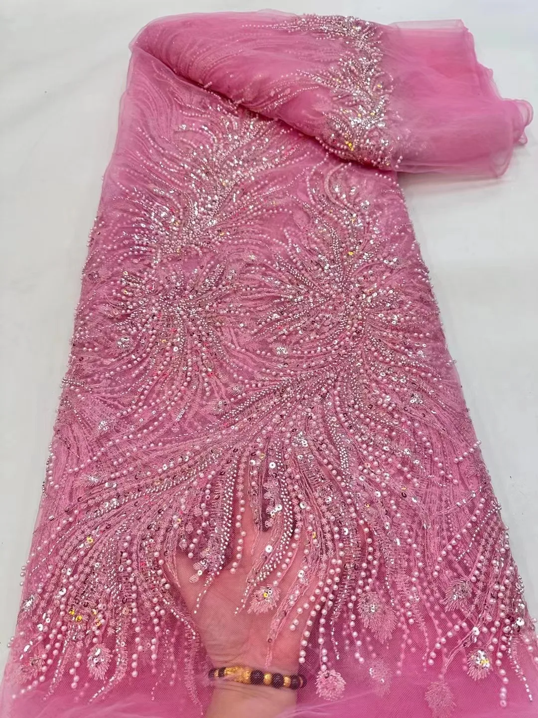 

Pink Latest Sequin Embroidery Fabric African Lace Fabric Heavy Bead Tulle French Lace 5 Yards for Wedding Dress