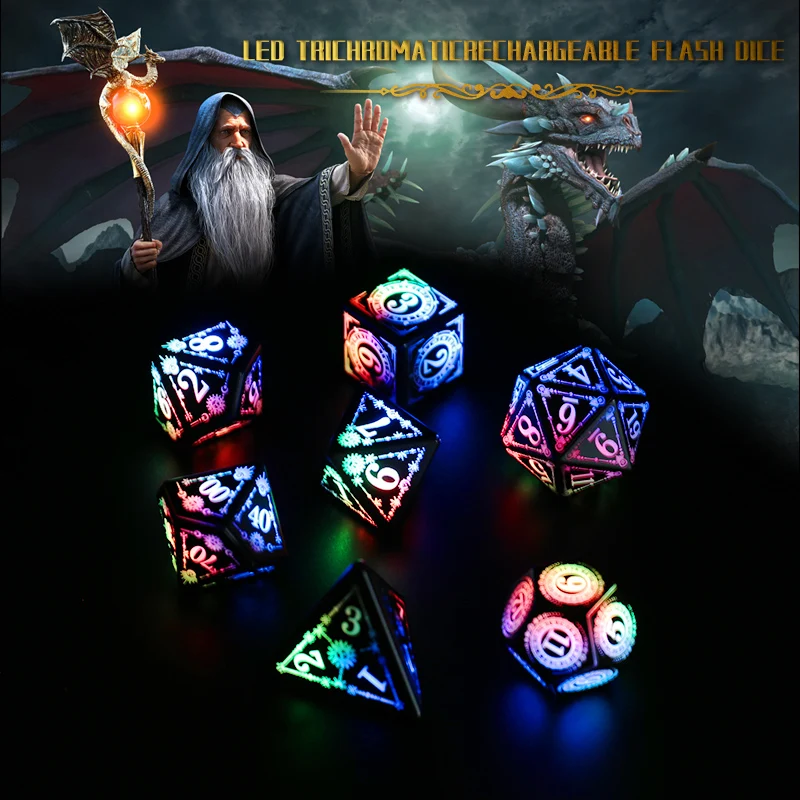 DND LED 주사위 충전식(충전 케이스 포함), 7개 세트 발광 주사위, 테이블탑 게임 RPG 던전 앤 드래곤 주사위, 크리스마스 선물