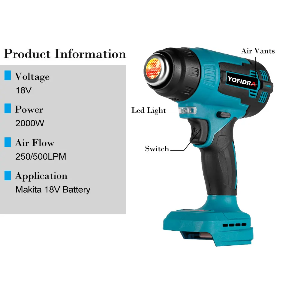 18v 2000w Hot Air Gun For Makita 18v Battery Cordless Heat Gun With 3