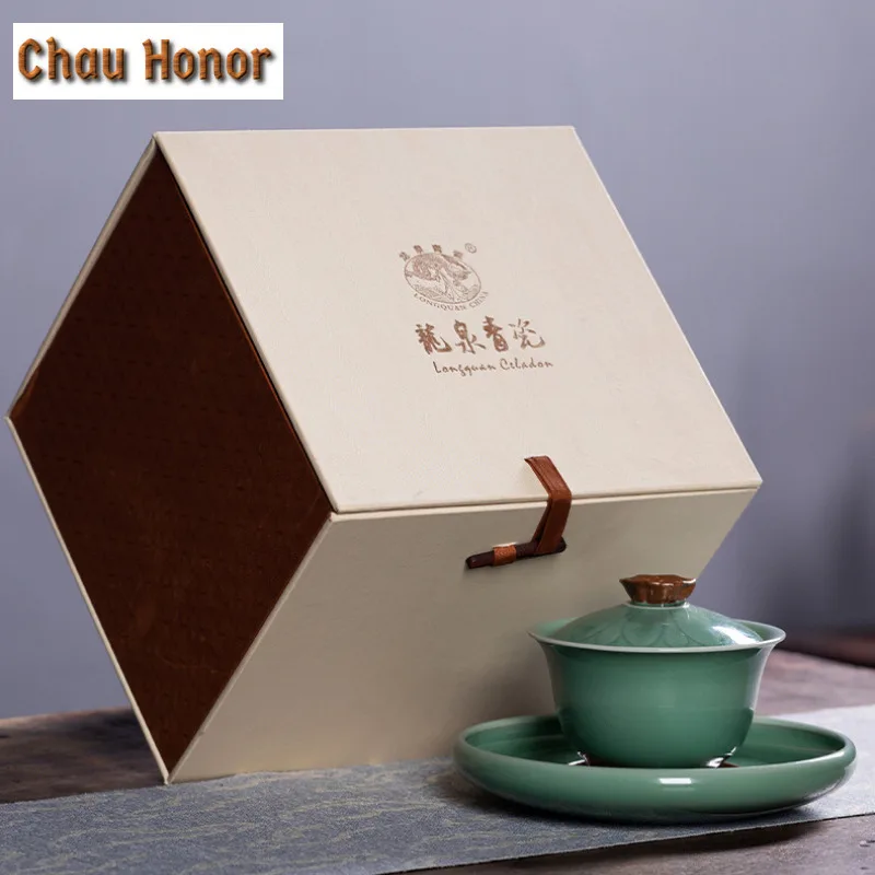 180ml Handmade Celadon Lotus Pond Gaiwan Ancient Tea Tureen Tea Bowl With Lid Kit Tea Making Cover Bowl Tableware Ornaments Gift