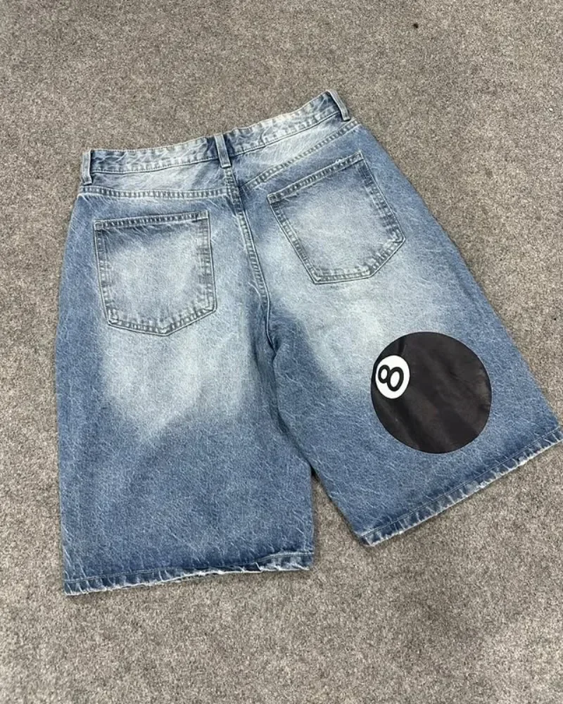 Men Jeans,Denim Pants,Denim Shorts,Summer Jeans Shorts Harajuku Fashion No. 8 Table Tennis print loose denim shorts Y2K Jeans Men and women couples Gothic casual light blue shorts
