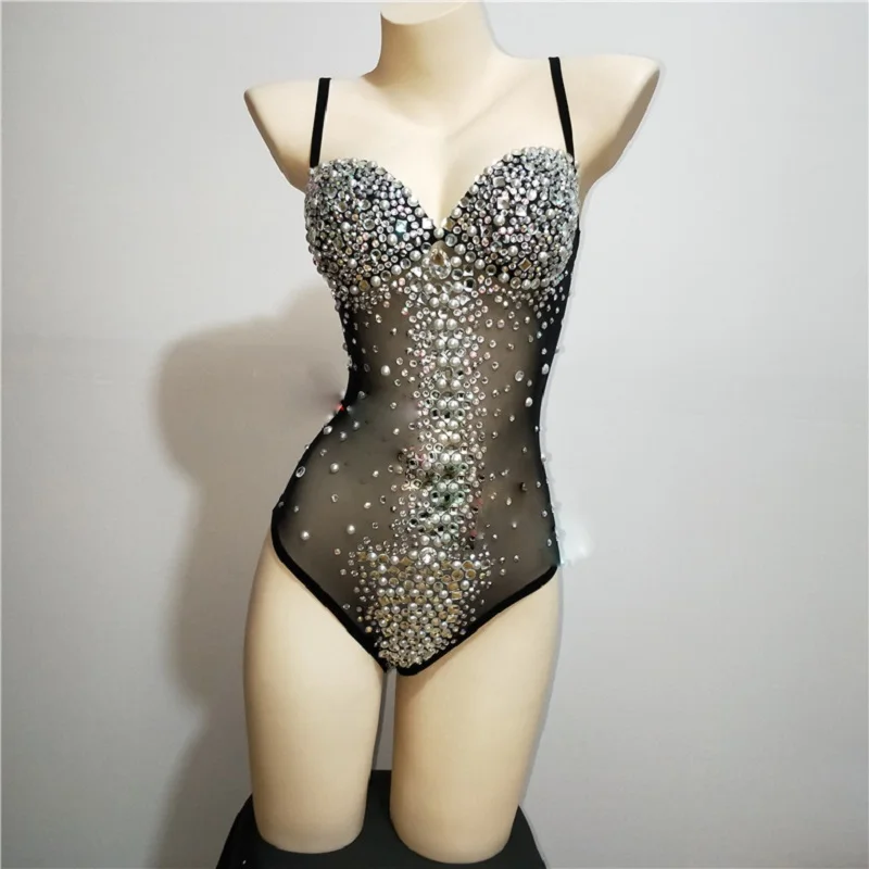 

Black Beige Pearl Beading Shinning Rhinestones Sexy Bodycon Bodysuit Women Sexy Nightclub Bar Dancer Performance Stage Wear