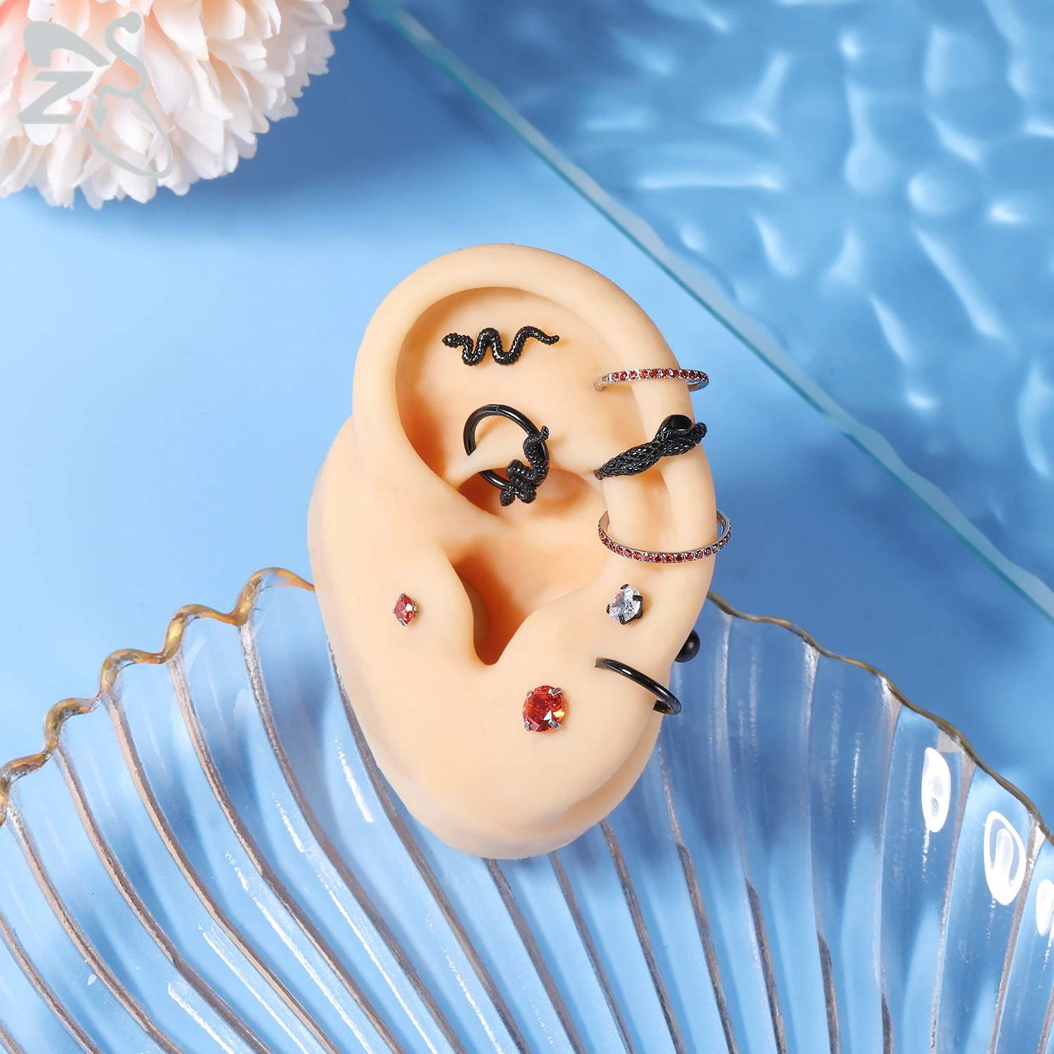 

ZS 8-9pcs/lot 316L Stainless Steel Snake Ear Piercing Set Hoop Earring Crystal Zircon Studs Earring Helix Cartilage Earrings 16G