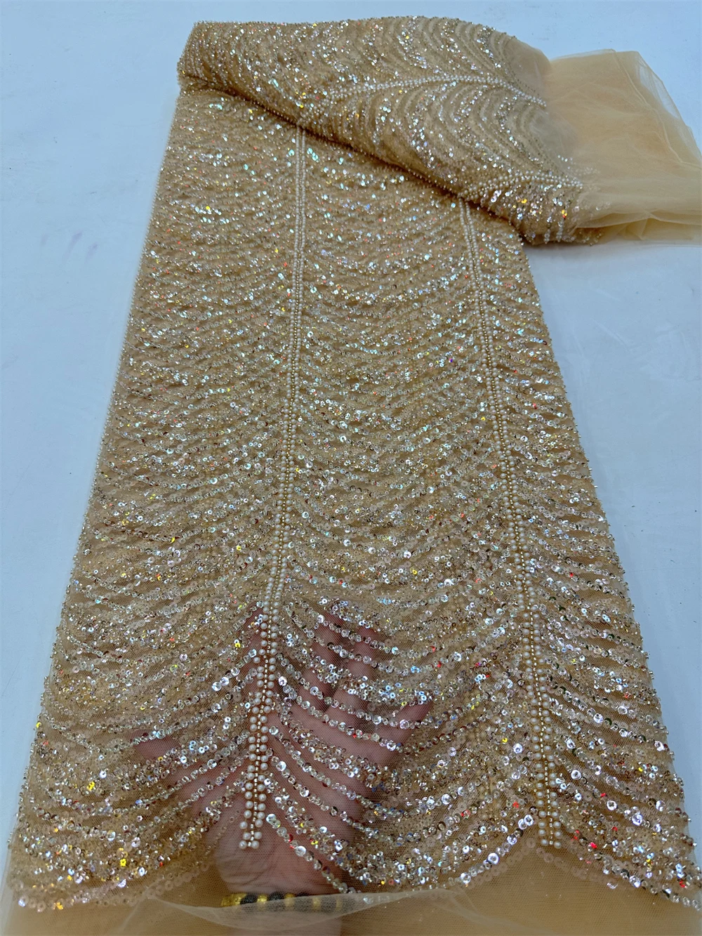 

African Lace Fabric Tube Beads Sequins Tulle Evening Dresses For Women Embroidery French Fashion Mesh Fabrics Cloth SewingQF0804