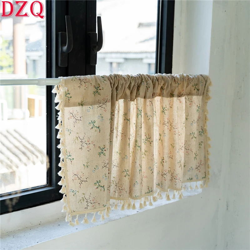 

American Countryside Floral Linen Short Curtains Japanese Rural Flowers Printed Half Curtain Cloth for Kitchen #A022