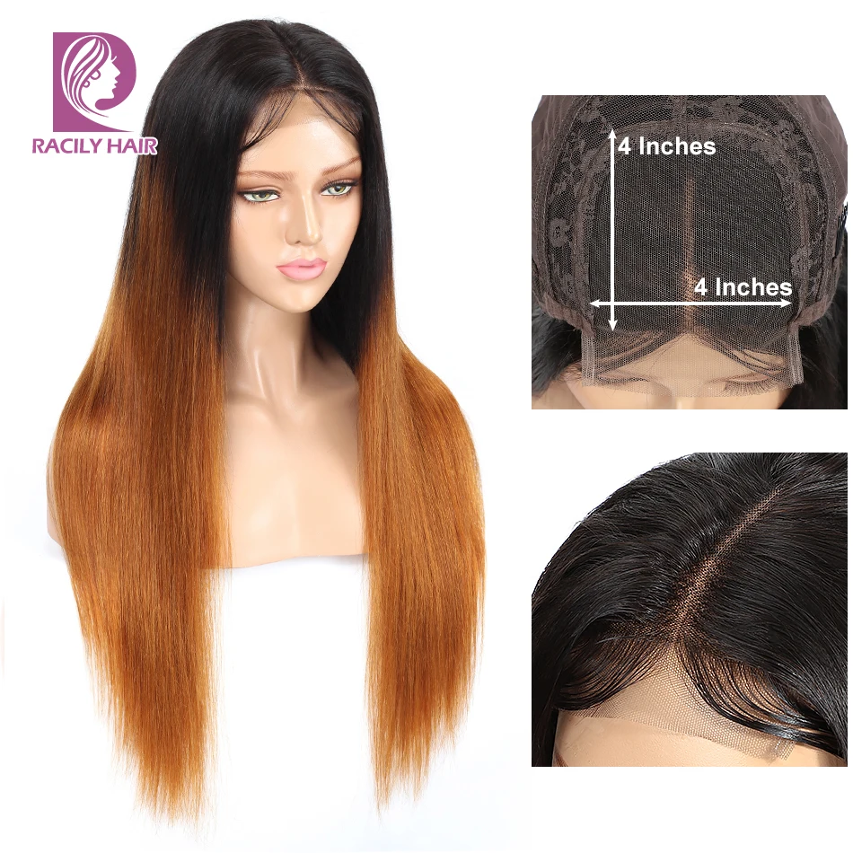 

4X4 HD Transparent Lace Closure Human Hair Wigs PrePlucked 4x4 Closure Wig Brazilian Straight Lace Wig Ombre Brown T30 Color