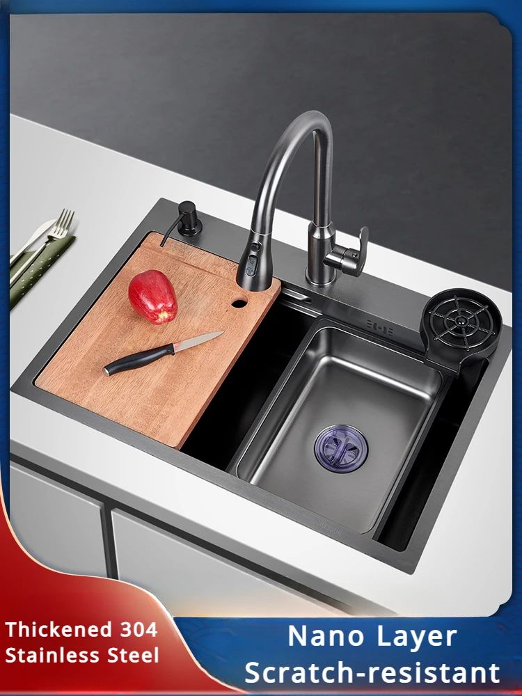 

304 Stainless Steel Kitchen Sink Multifunction Nano Large Single Slot Vegetable Wash Basin Kitchen Faucet Drain Accessories Set