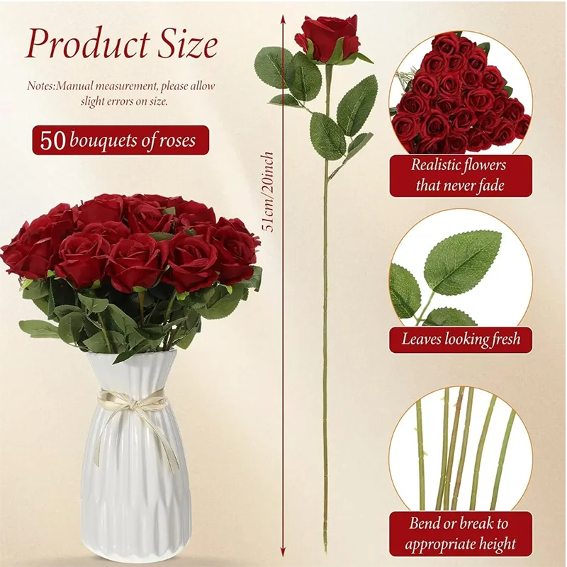 Set of Realistic Artificial Red Roses for Romantic Home and Event Decoration