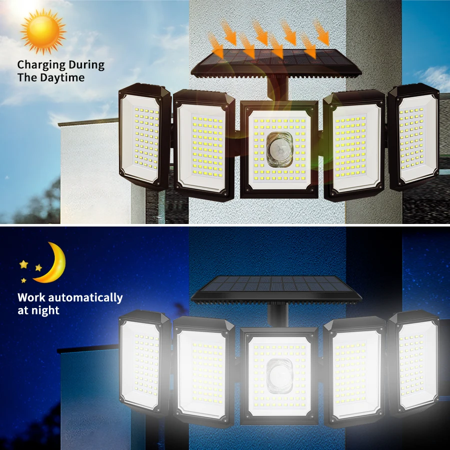 5 Heads 300 LED Solar Lights Outdoor Motion Sensor Waterproof Wide-angle  Illumination Foco Solar LED Garden Street Wall Lamp