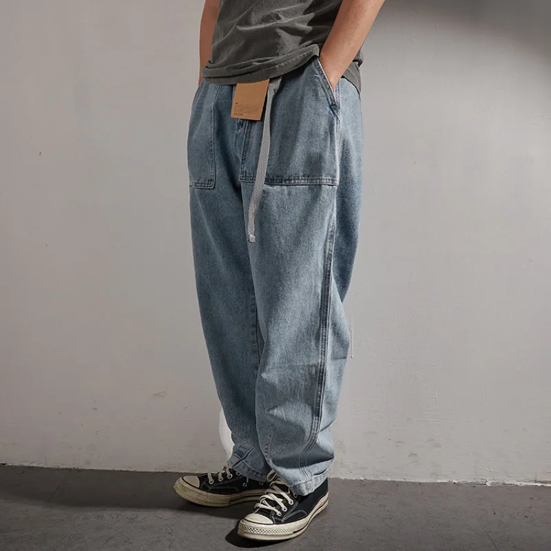 

light American Heavy washed Vintage blue jeans men's Japanese fashion brand loose straight wide leg pants fashion
