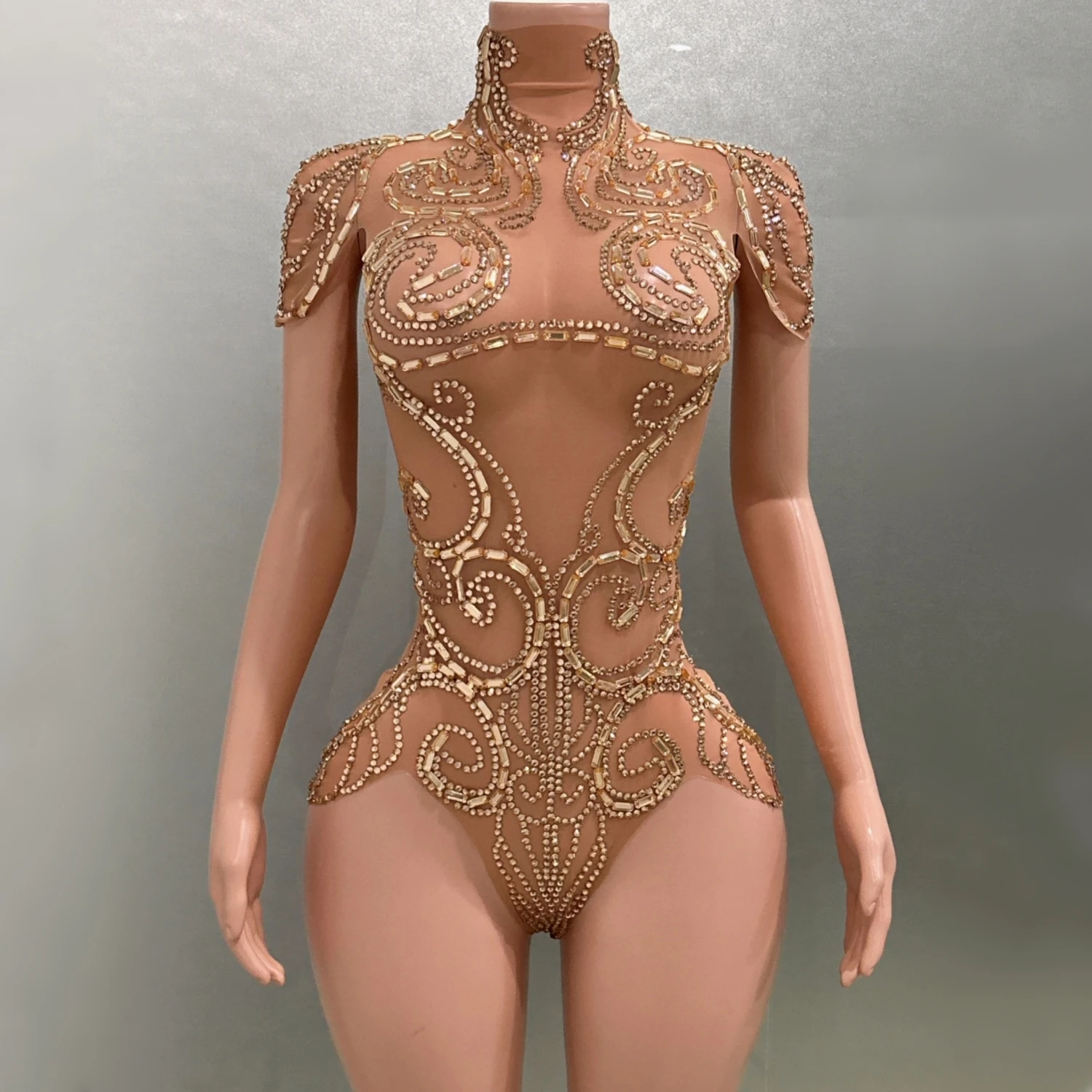 

Golden Color Women Sexy Sparkly Crystal Short Sleeve Mesh See Through Bodycon Bodysuit Bar Dancer DJ Sexy Nightclub Party Wear