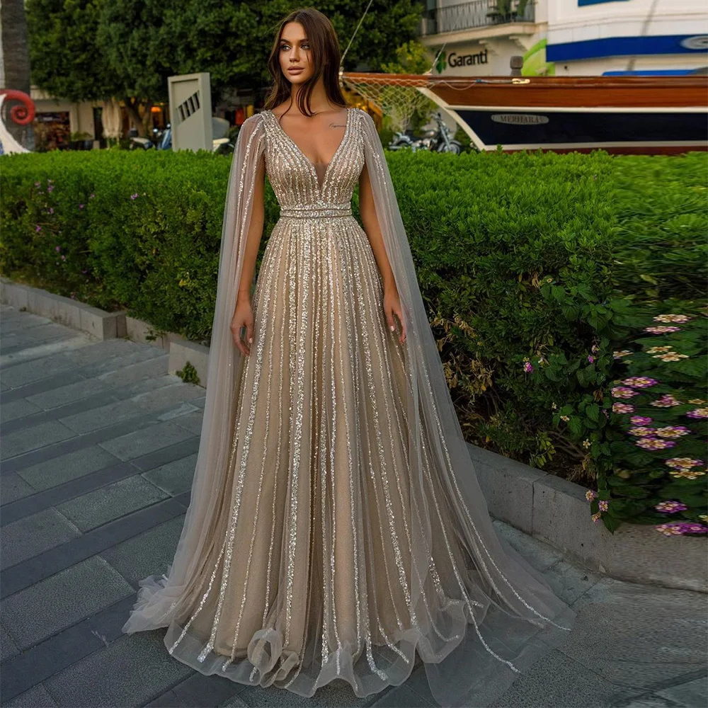 

Sevintage Sparkly Champagne Beading Sequined Prom Dresses V-Neck Long Sleeves A-Line Saudi Arabic Evening Gowns Formal Dress