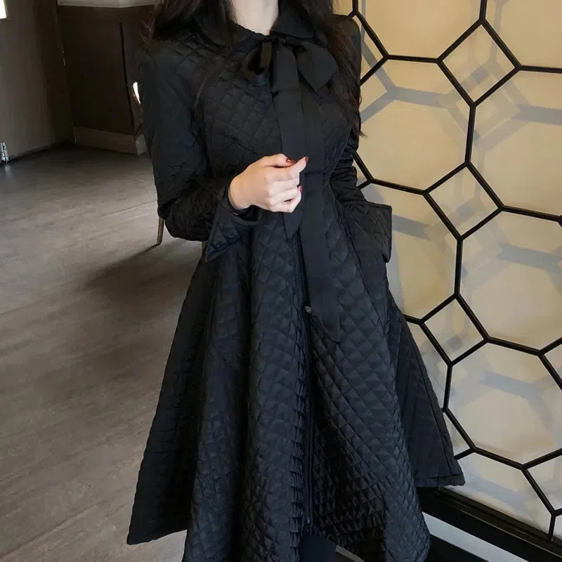 Autumn Winter Light Cotton Jacket Women Knee Coat Down Cotton Jacket Waist Closing A-Line Large Hem Cotton Gown Long Skirt