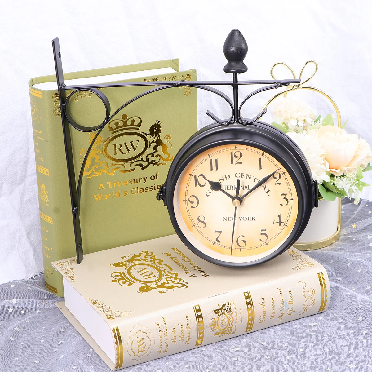 

Clock Wall Retro Double Decor Sided Hanging Clocks Vintage Iron Home Outdoor Round Station Large Rustic Garden Digital Train