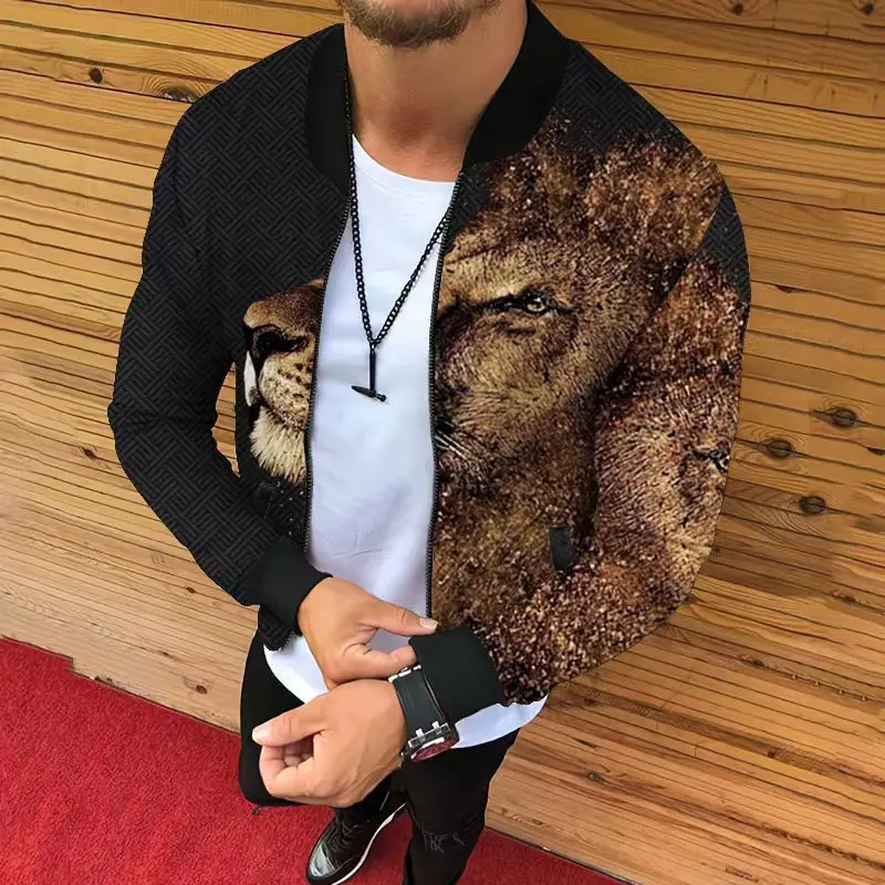 

Mens Baseball Collar Jacket Coat Clothes Y2k Spring New Men Lion Print Bomber Jackets Zip Up Outwear Chamarras Para Hombre 남성의류