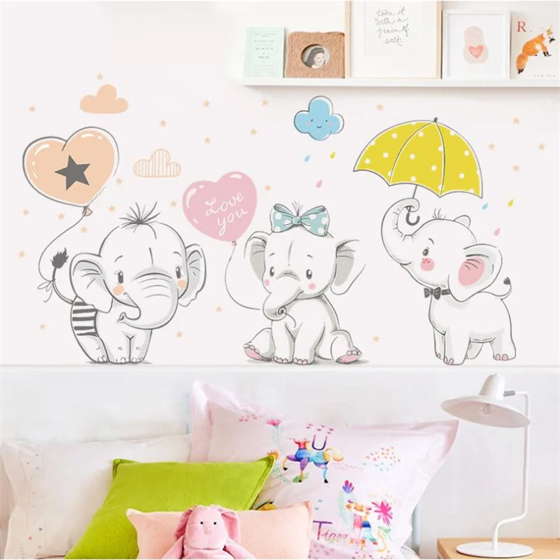 

Cartoon Cute Three Elephants Wall Stickers for Children's Room Decor Baby Kids Room Living Room Nursery Decoration Wall Decals