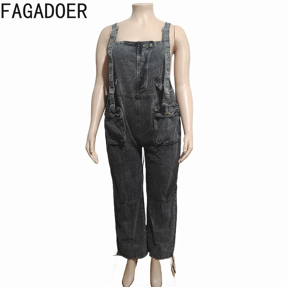 Women's Baggy Denim Overalls - Printed Pocket, Adjustable Straps, Wide Leg Jumpsuit, Casual Summer Outfit