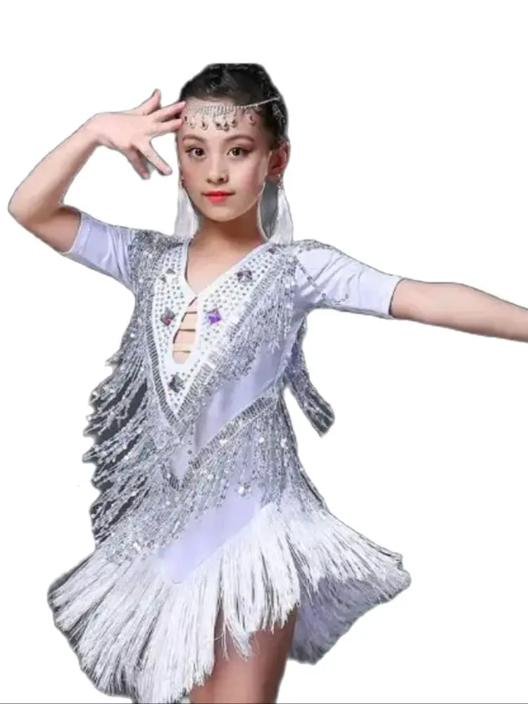 1pcs/lot children latin dress girl sequin tassel latin dress girl dancing costumes