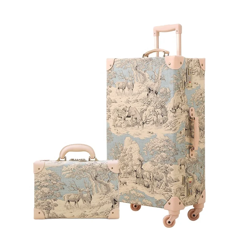 

13in 20in 24in 26in Vintage Old Fabric Travel Trolley Luggage With Combination Lock Rolling Suitcases With Spinner Wheels