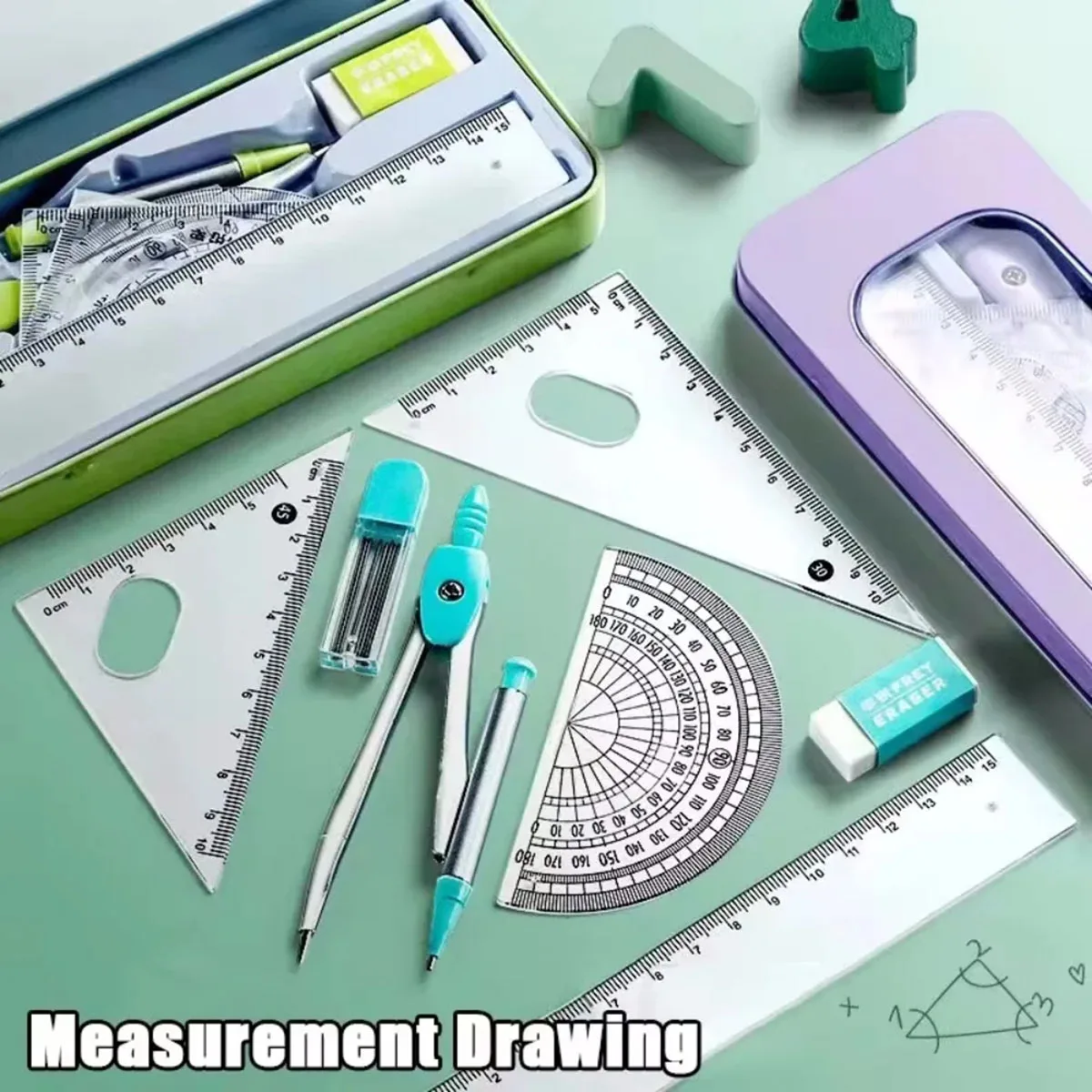 7-Piece Compass and Ruler Set Student Ruler Set Cute Rriangle Exam Specific Box School Starts
