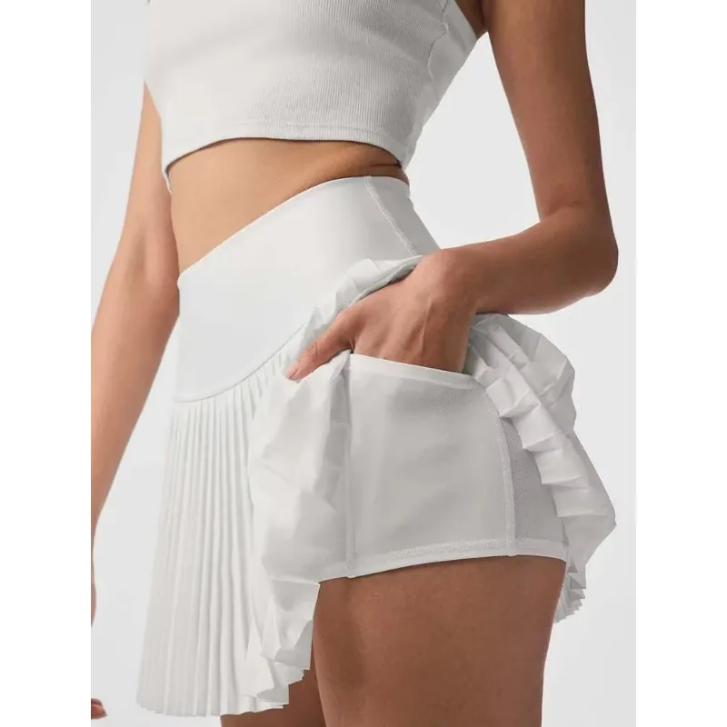 Pleated Sports Skirt Women Fake Two Piece Quick Dry Tennis Skirt Pants Anti-Shine Fitness Yoga Outer Wear
