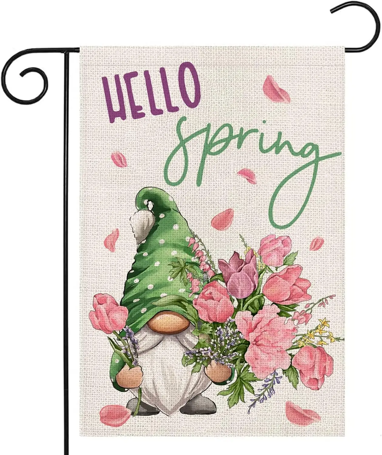 

Hello Spring Garden Flag for Outside 12x18 Double Sided Gnome with Tulips Small Yard Flag Summer Seasonal Decors for Outdoor