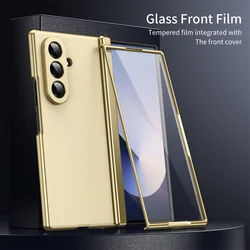 Solid Color Plating Shockproof Phone Case with Tempered Glass Screen Film and Hinge Protection - Galaxy Z Fold 3 (Gold)