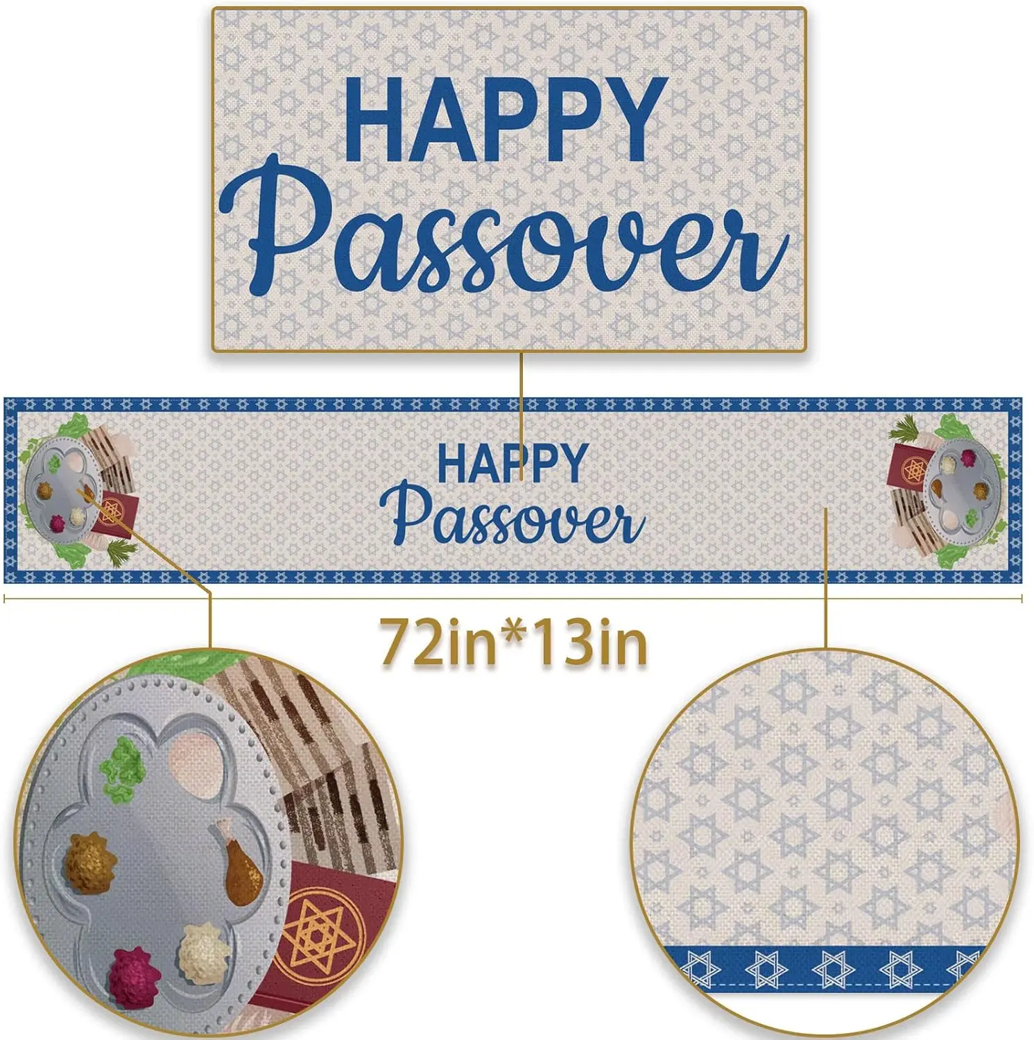 Happy Passover Linen Table Runner – Star of David Pesach Table Decor 4