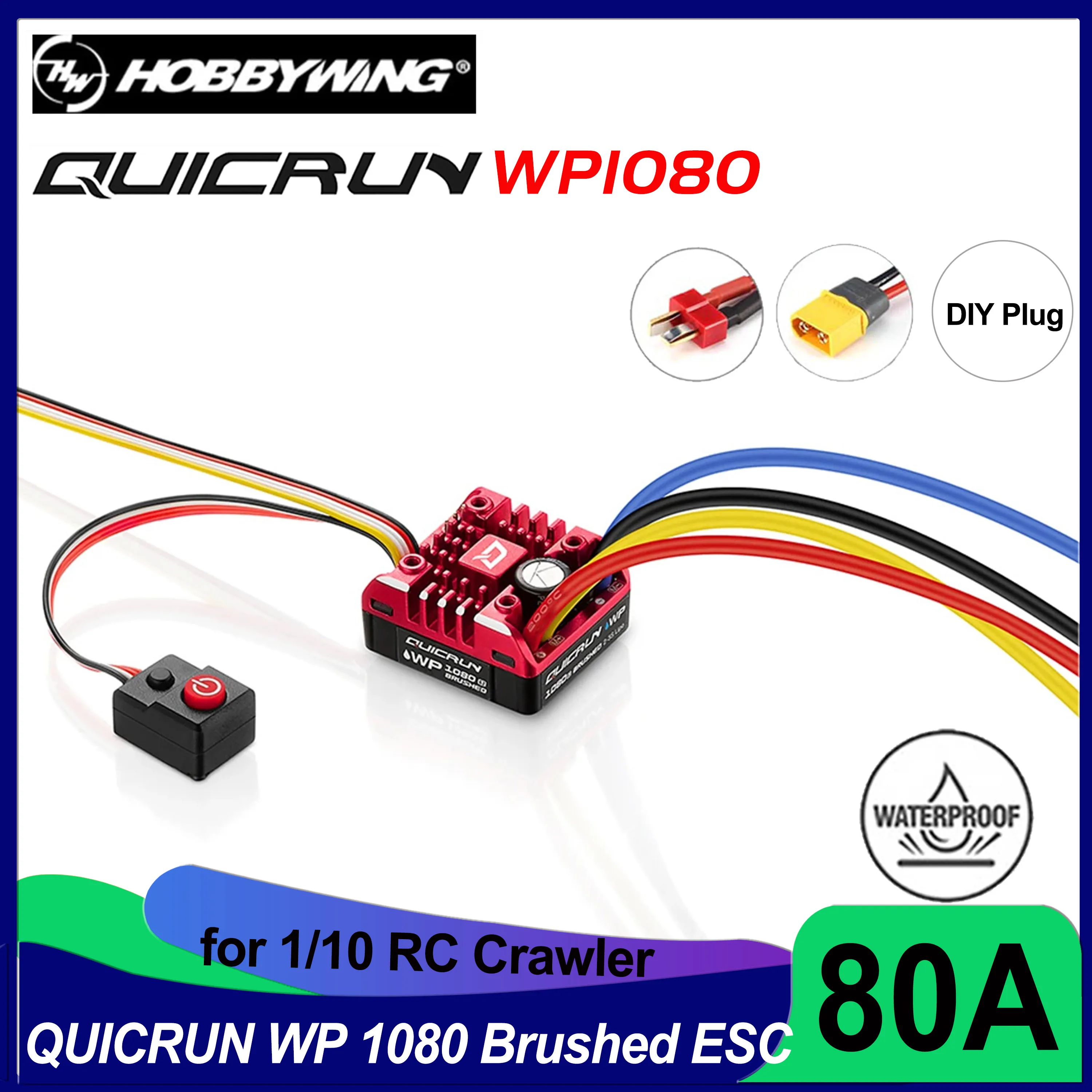 

Hobbywing QUICRUN WP 1080 G2 80A Brushed ESC Waterproof Electronic Speed Controller for 1/10 RC Crawler Car 540 550 Motor