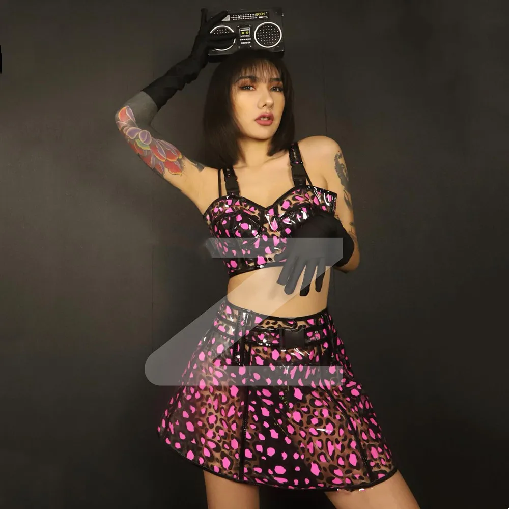

Music Festival Clothing Sexy Nightclub Bar Leopard Laser Bra Skirt Outfits DJ Singer Dancer Team Gogo Performance Costume