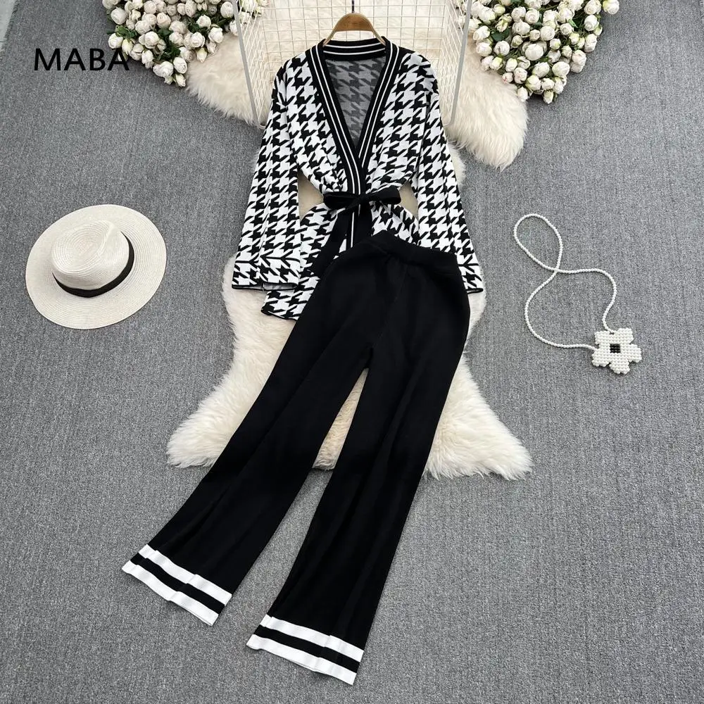 

Elegant Bird Lattice Sweater Two Piece Suit Women Autumn Winter V-neck Print Lace Up Mid Length Knitted Top+wide Leg Pants 2023