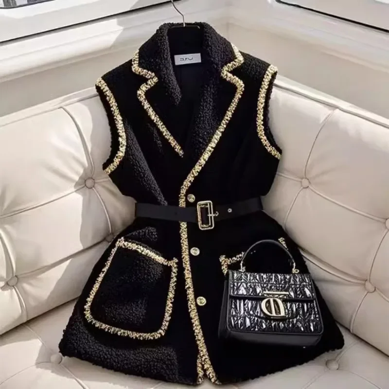 Elegant Women Black Lambhair Vest Coat Luxury Bright Silk Edging with Belt Sleeveless Blazers Vest New Spring Winter Outerwear 1