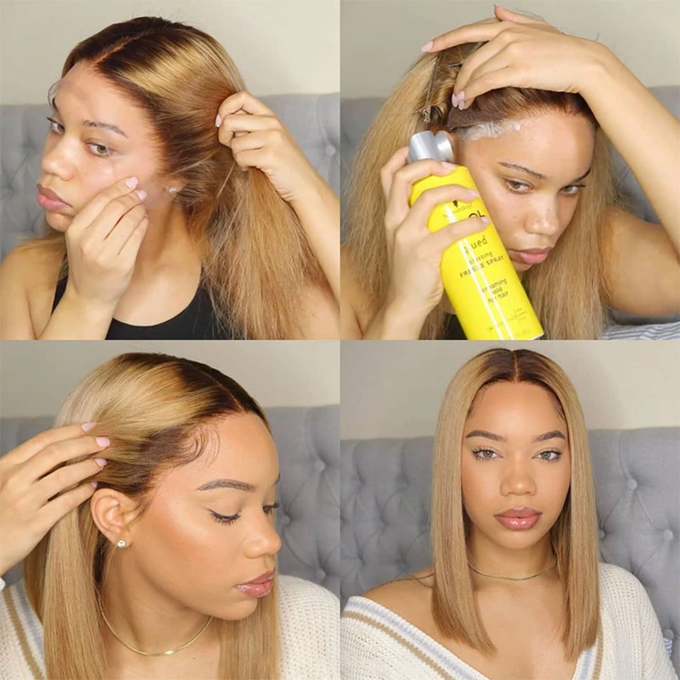 Blonde Color Lace Front Human Hair Wigs Ombre T4/27 Straight Short Bob Transparent Lace Frontal Brazilian Remy Hair Closure Wig