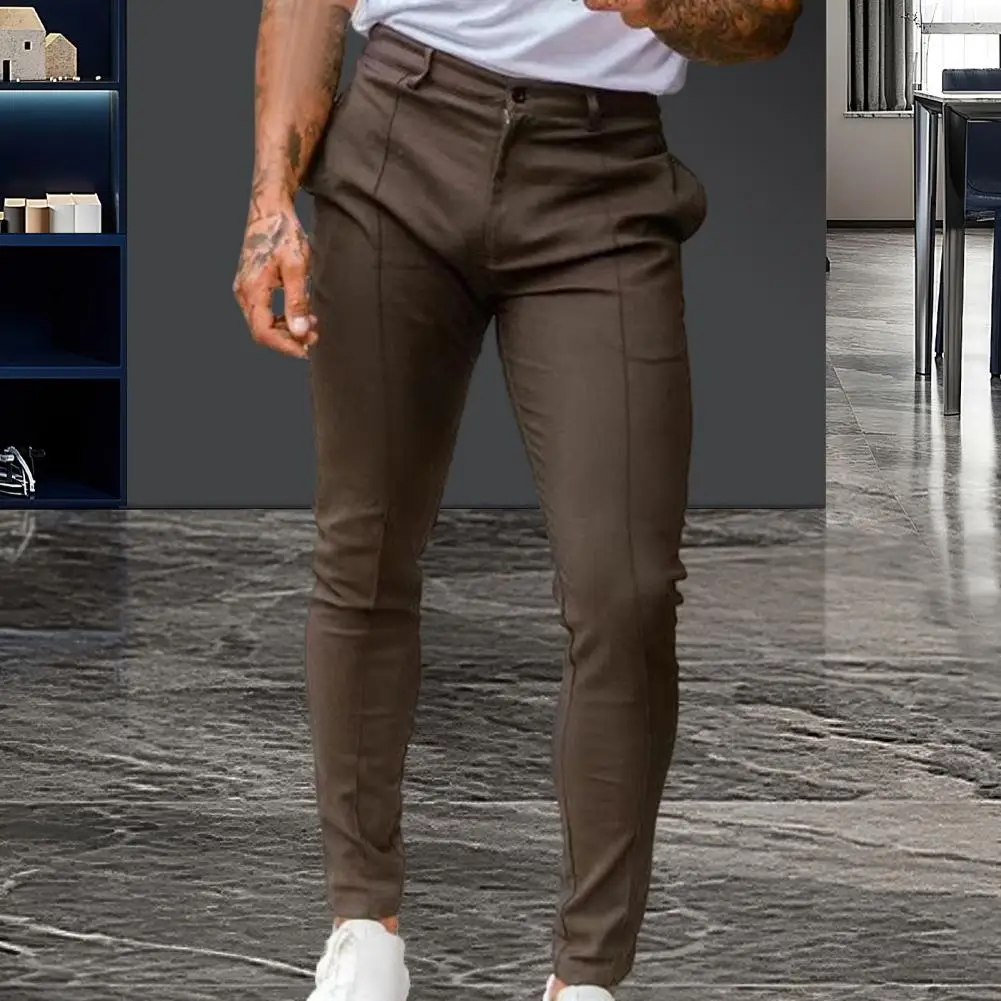 Adjustable Waist Pants Men Solid Color Pants Men Trousers Stylish Men's Slim Fit Business Trousers Breathable Soft Thin Fabric with Ankle