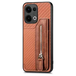Luxury Zipper Leather Wallet Case with Card Holder and Magnetic Back Cover for Reno 16F 4G (Brown)