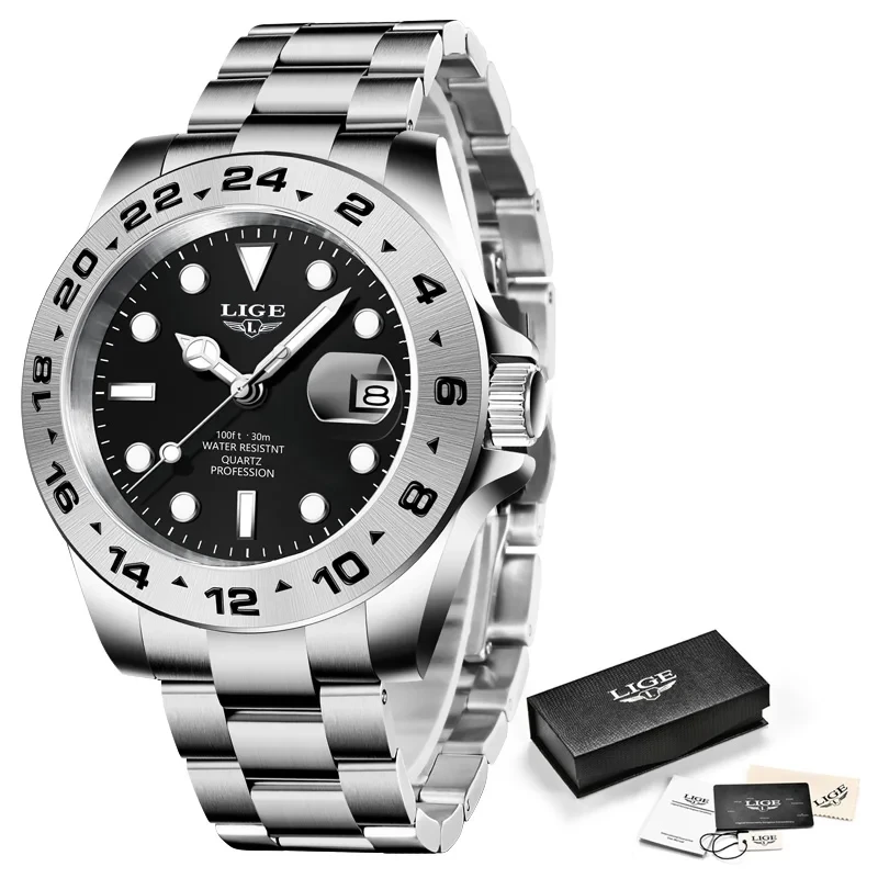 ساعة LIGE للرجال بسوار من الفولاذ المقاوم للصدأ وت...
