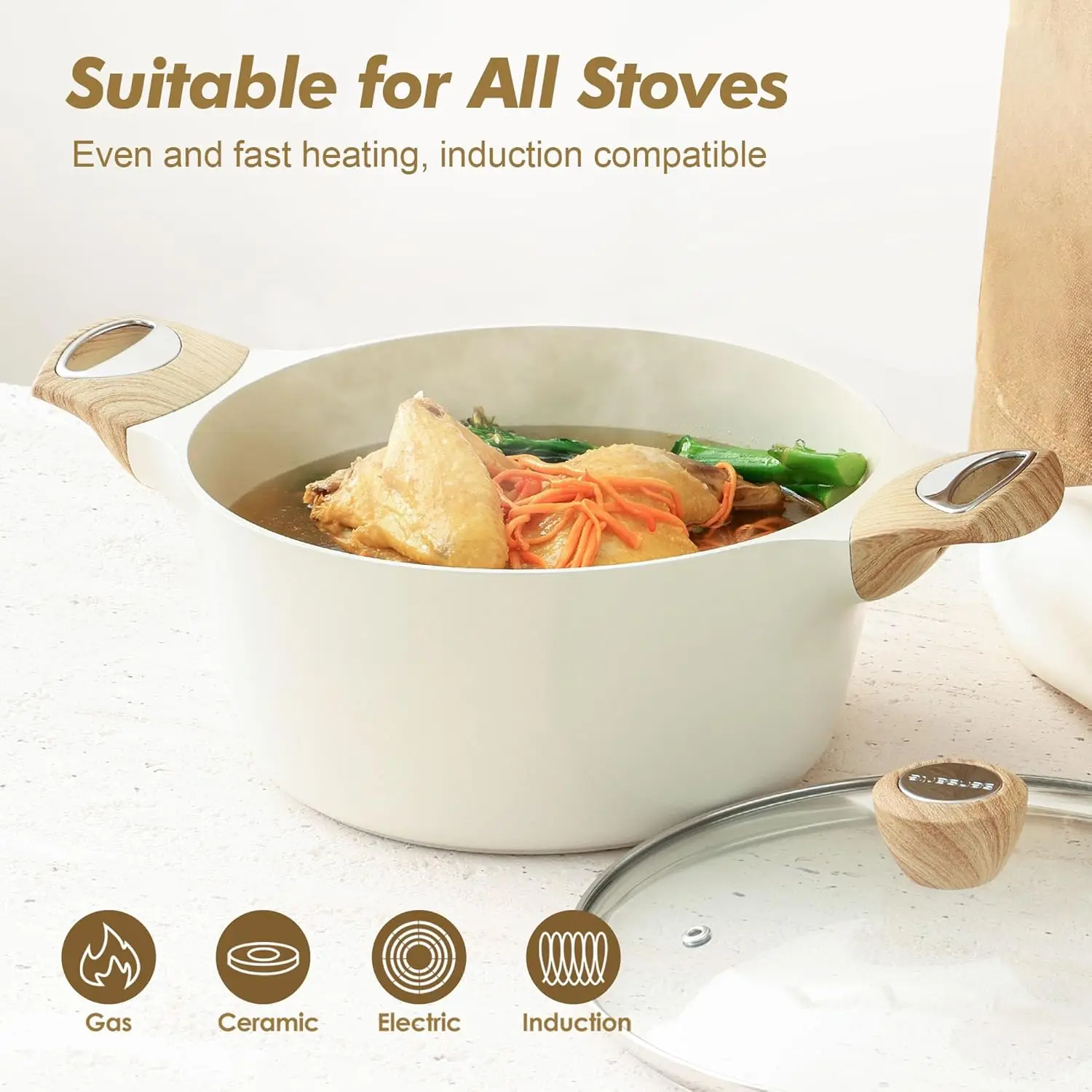Ceramic Nonstick Stock Pot with Lid, 2.6/4.5/6.6/8.5 QT Soup Pot Casserole Pot, Non-toxic Healthy Pasta Pot, Large Cook 5