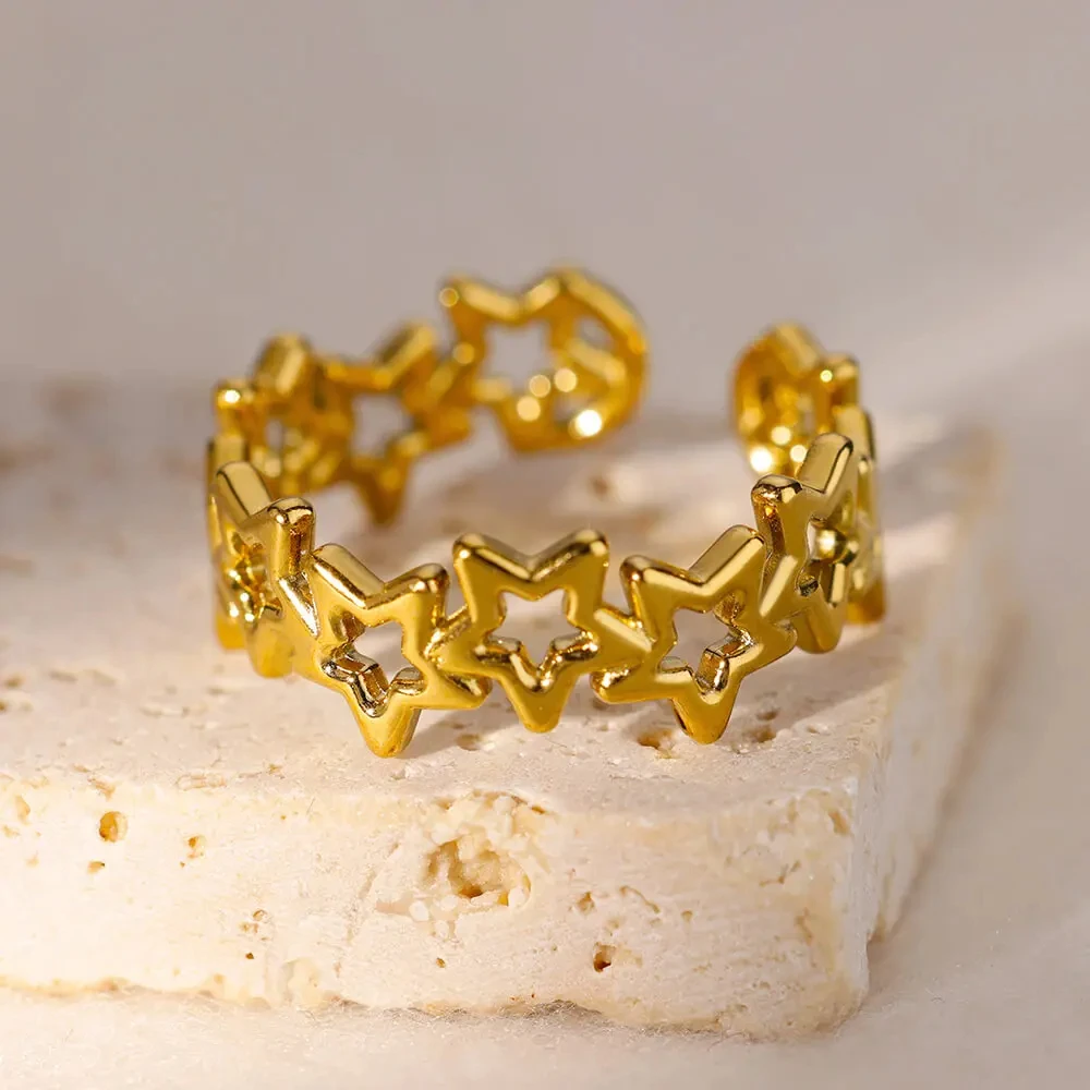 Hollow Star Rings Gold Color Stainless Steel Open Star Ring