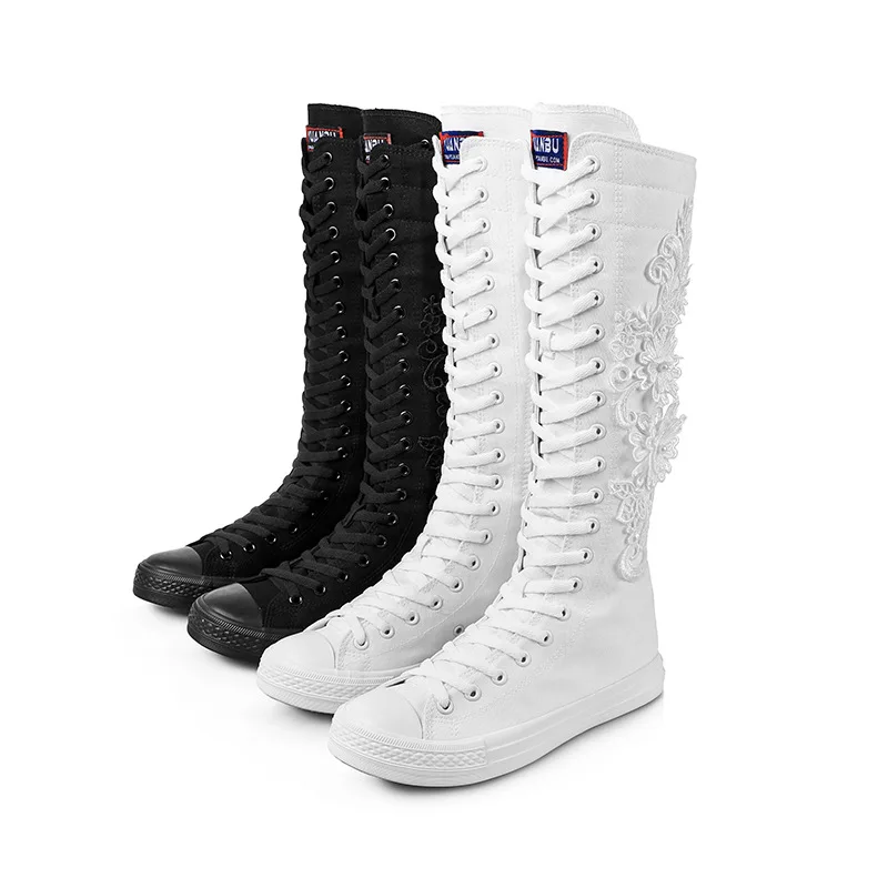 

New Leisure Women's Canvas Shoes with Elevated Inner Height, High Top Dance Shoes, Lace Flat Bottom Women's Boots