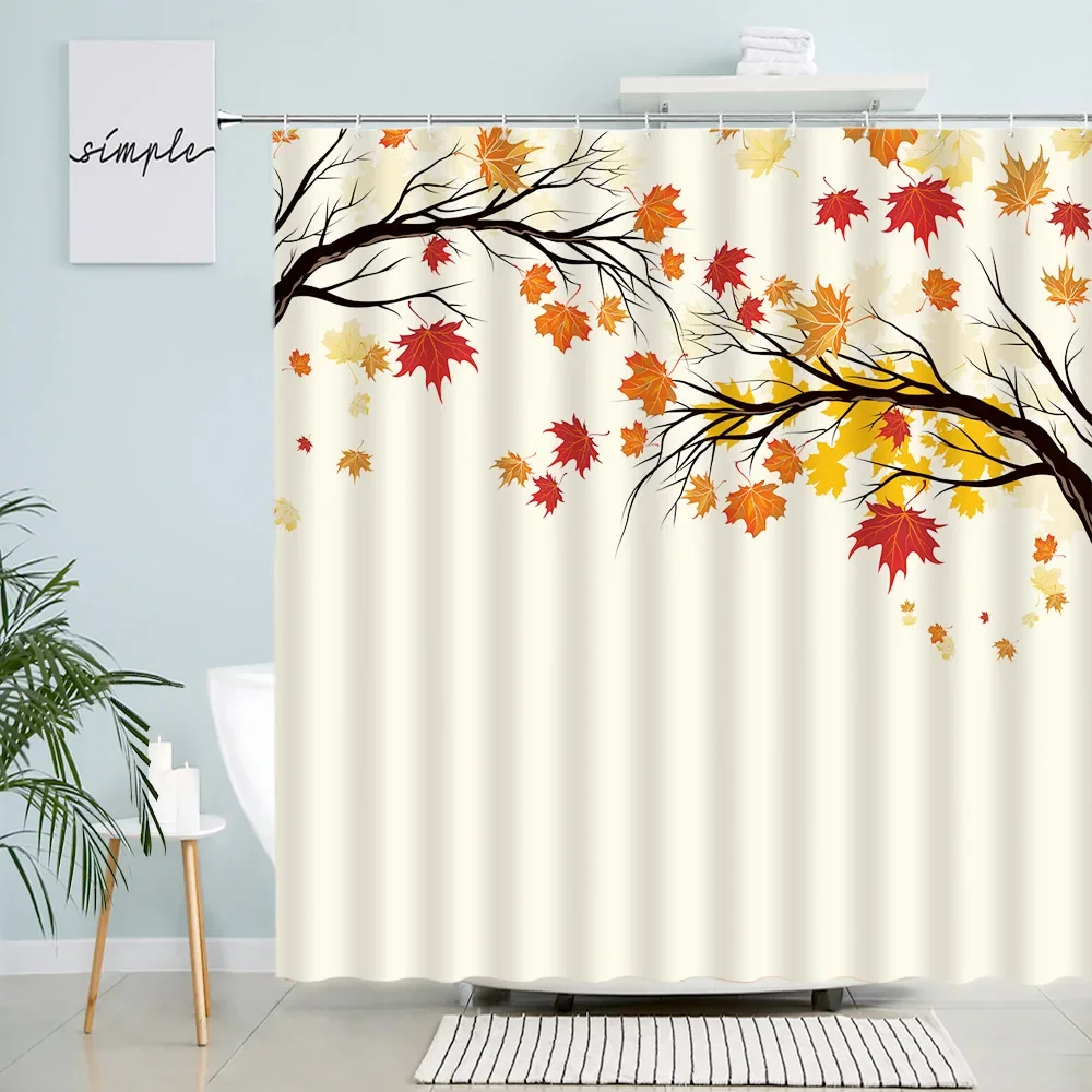 

Red Maple Leaf Waterproof Shower Curtain Falling Leaves Hand Painted Art Simple Bathroom Decor Polyester Bathtub Bath Curtains